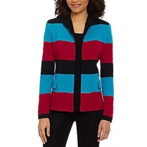 MISOOK Cardigan Jacket Pink & Blue Color Block Ribbed Open Front Knit